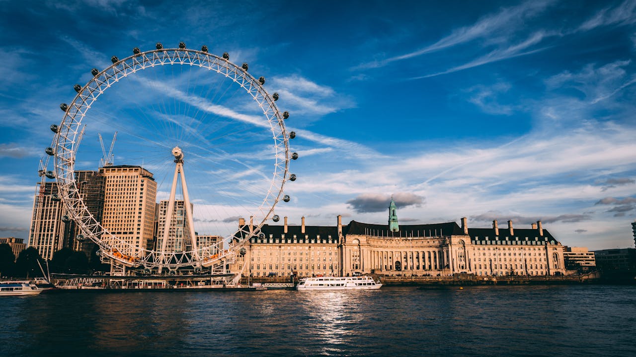 Stunning London cityscape featuring the London Eye ferris wheel by the River Thames.